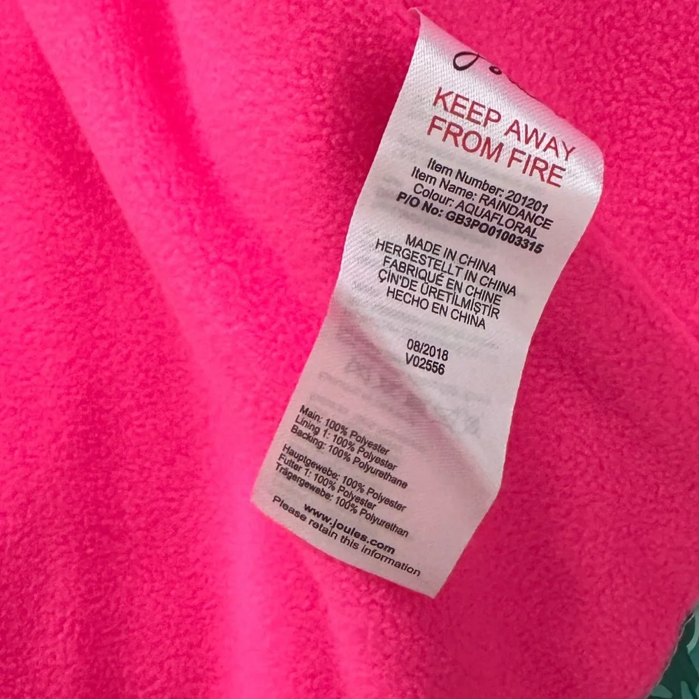 NWT Joules Teal Floral Rain Coat Jacket with Pink Fleece Interior